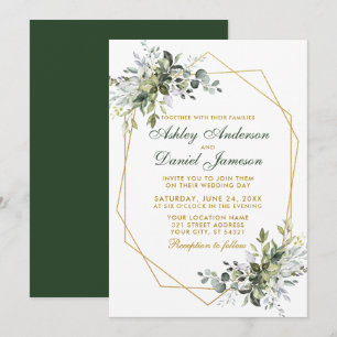 Watercolor Greenery Gold Geo Frame Wedding Invitation