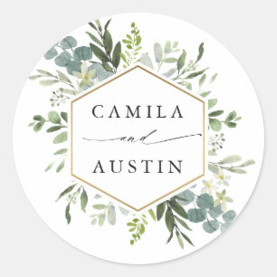 Watercolor Greenery Gold Hexagon Wedding Classic Round Sticker