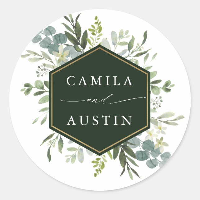 Watercolor Greenery Gold Hexagon Wedding  Classic Round Sticker (Front)