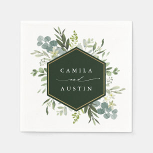Watercolor Greenery Gold Hexagon Wedding Napkins