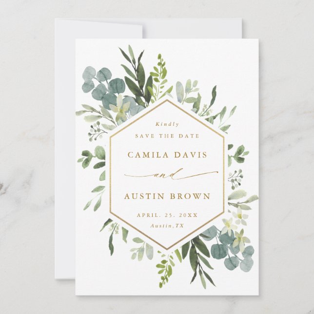 Watercolor Greenery Gold Hexagon Wedding Photo  Save The Date (Front)