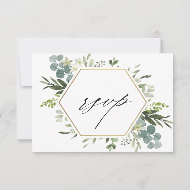 Watercolor Greenery Gold Hexagon Wedding RSVP Card (Front)