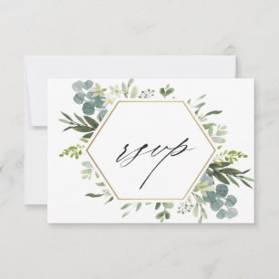 Watercolor Greenery Gold Hexagon Wedding RSVP Card