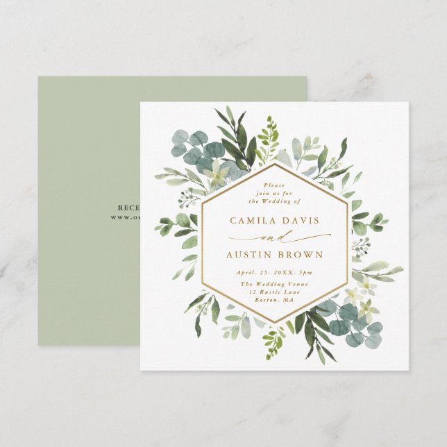 Watercolor Greenery Gold Hexagon Wedding Square Invitation (Front/Back)