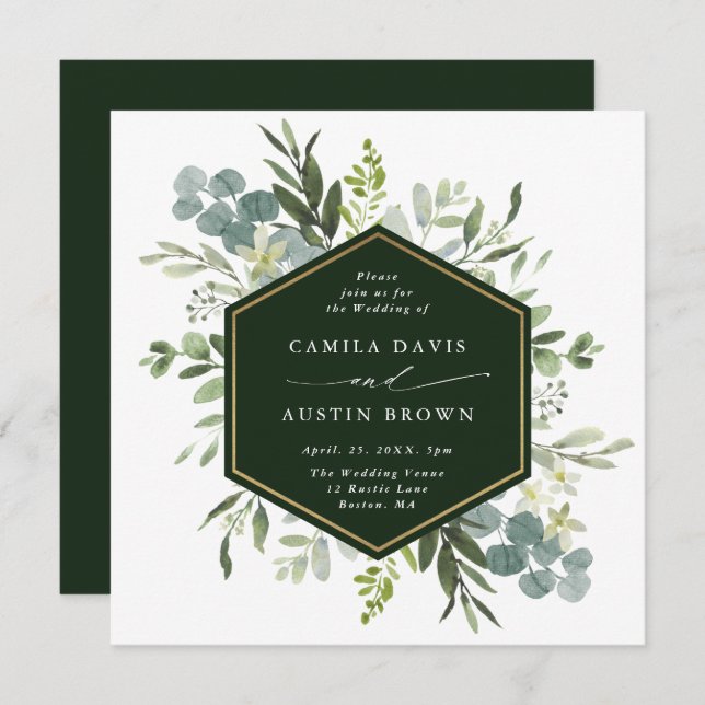 Watercolor Greenery Gold Hexagon Wedding Square Invitation (Front/Back)