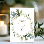 Watercolor Greenery Gold Hexagon Wedding Table Num Table Number<br><div class="desc">This wedding table number features painted watercolor eucalyptus,  green leaves,  flowers with a faux gold geometric hexagon frame. For more advanced customization of this design,  please click the "Customize further" link. Matching items are also available.</div>