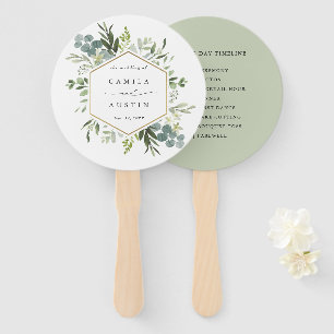 Watercolor Greenery Gold Hexagon Wedding Timeline Hand Fan