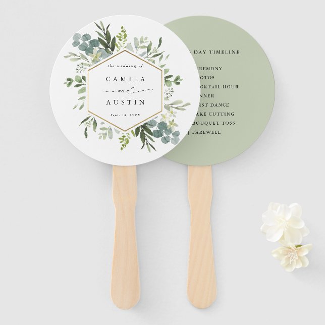 Watercolor Greenery Gold Hexagon Wedding Timeline Hand Fan (Front and Back)