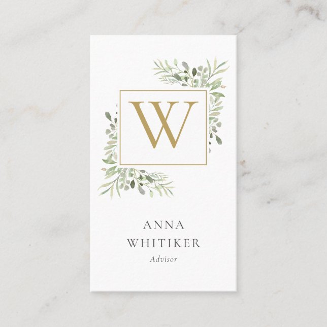 Watercolor Greenery Gold Monogram Professional Business Card (Front)