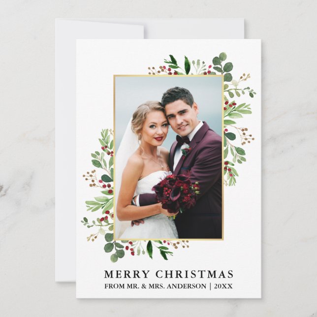Watercolor Greenery Gold Newlywed Christmas Holiday Card (Front)