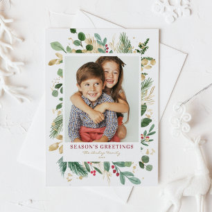 Watercolor Greenery Gold Photo Season's Greetings Holiday Postcard