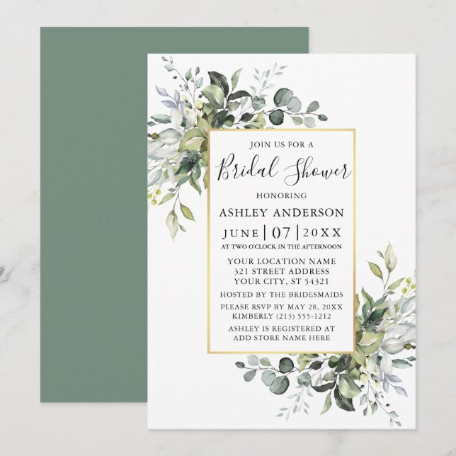  Watercolor Greenery Gold Sage Green Shower Invitation (Front/Back)