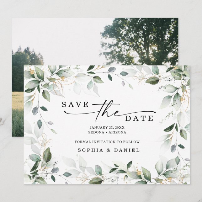 Watercolor Greenery Gold Save The Date Wedding (Front/Back)