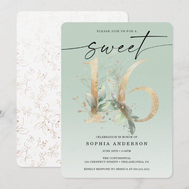 Watercolor Greenery Gold Sweet 16 Birthday Invitat Invitation (Front/Back)