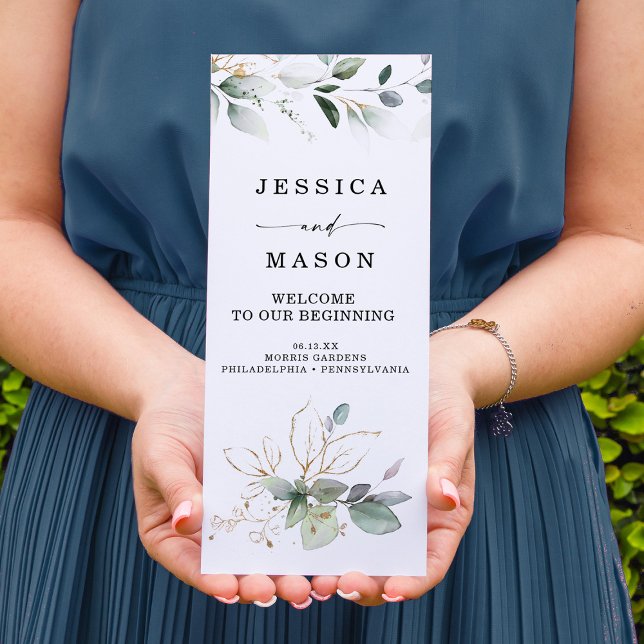 Watercolor Greenery Gold Trifold Wedding Program (Creator Uploaded)