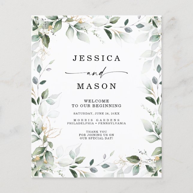 Watercolor Greenery Gold Wedding Program Budget (Front)