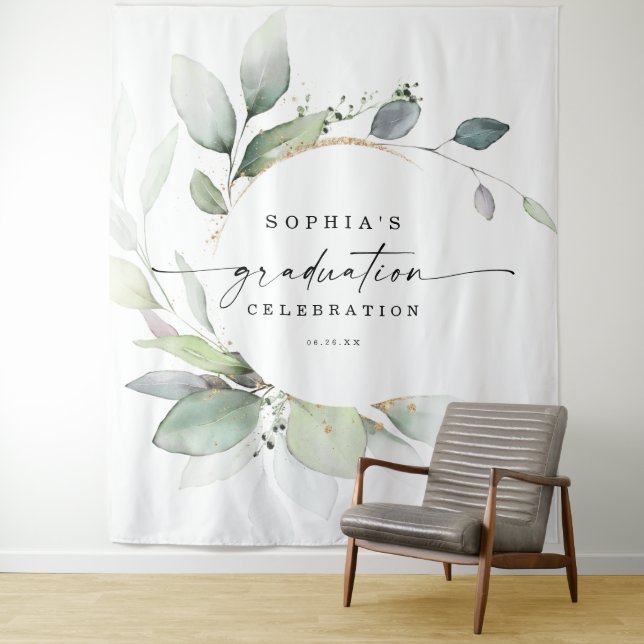 Watercolor Greenery Graduation Photo Prop Backdrop Tapestry (In Situ)