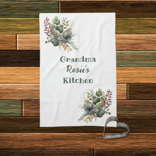 Watercolor Greenery Grandma's Kitchen Personalized Towel