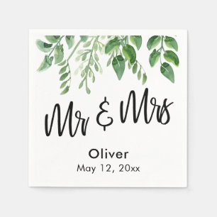 Watercolor Greenery Handwriting Mr & Mrs Napkin