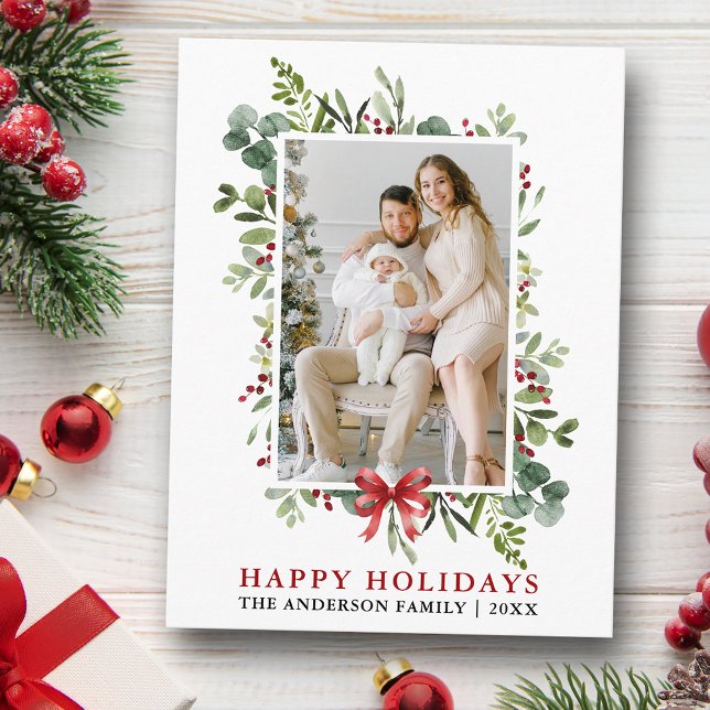 Watercolor Greenery Happy Holidays Red Bow Postcard (Customize to change text size or text style.)