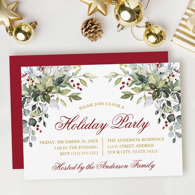 Watercolor Greenery Holiday Party Red Gold Invitation (Customize to change text size, color, style or to change color of back of card.)