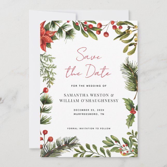 Watercolor Greenery Holiday Wedding Save The Date (Front)