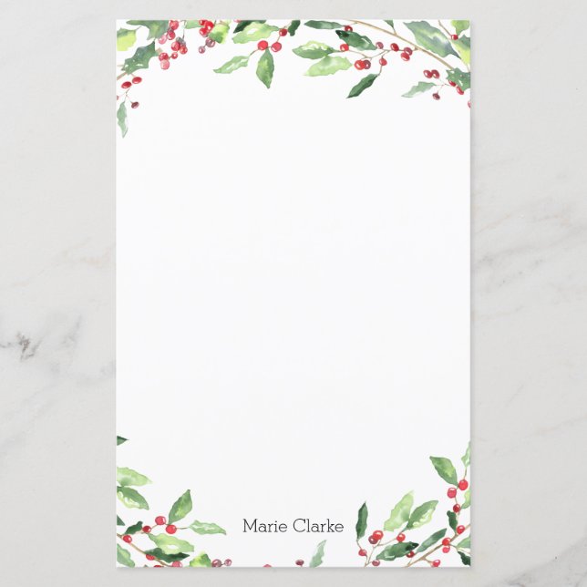 Watercolor Greenery Holly Personalized Stationary (Front)
