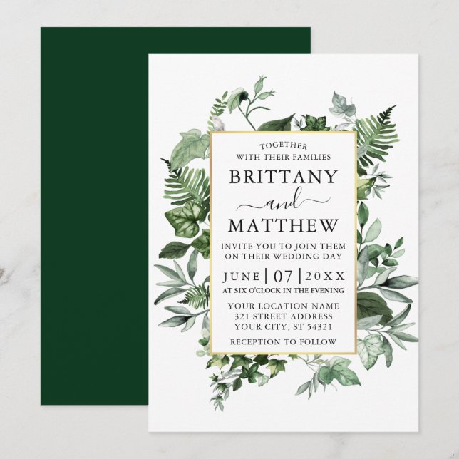 Watercolor Greenery Ivy Ferns Sage Gold Wedding Invitation (Front/Back)