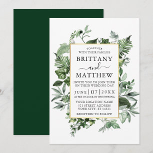 Watercolor Greenery Ivy Ferns Sage Gold Wedding Invitation