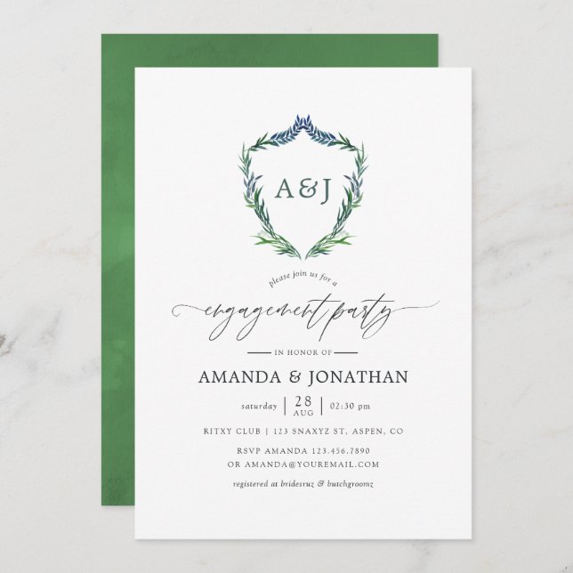 Watercolor Greenery Laurel Crest Engagement Party Invitation (Front/Back)