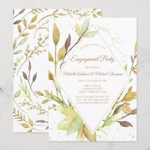 Watercolor Greenery Leaf Gold Engagement Party Invitation