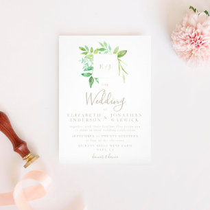 Watercolor Greenery Leaf Wreath Wedding Invitation