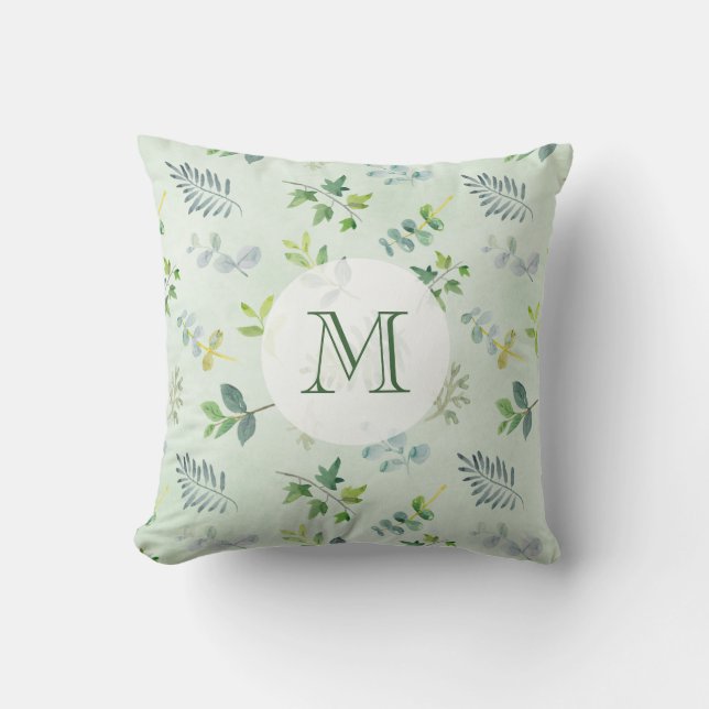 Watercolor Greenery Leaves & Foliage Monogram Throw Pillow (Front)
