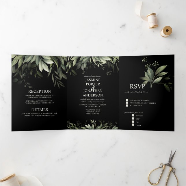 Watercolor Greenery Leaves Foliage Wedding Black Tri-Fold Invitation (Inside)