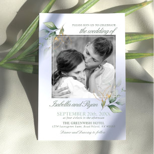 Watercolor Greenery Leaves Gold PHOTO Wedding Invitation