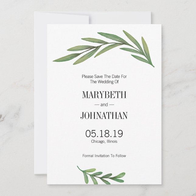 Watercolor Greenery Leaves Save The Date Card (Front)