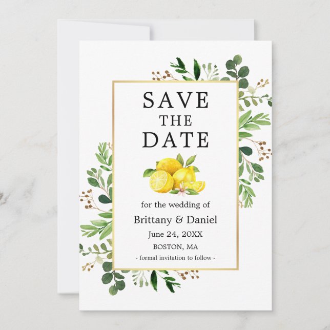 Watercolor Greenery Lemons Save The Date Card (Front)