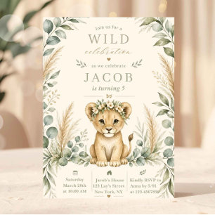Watercolor Greenery Lion Cub Birthday Invitation