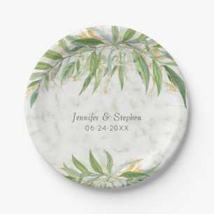 Watercolor Greenery Marble Elegant Wedding Paper Plate