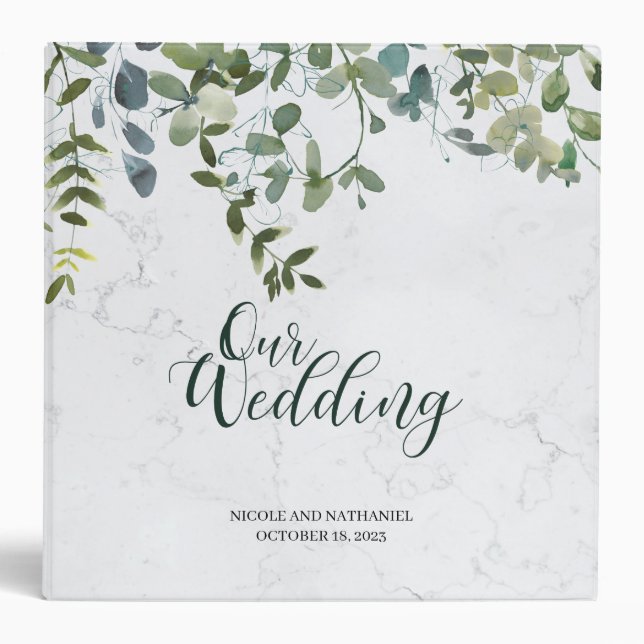 Watercolor Greenery Marble Wedding Planner Binder (Front)