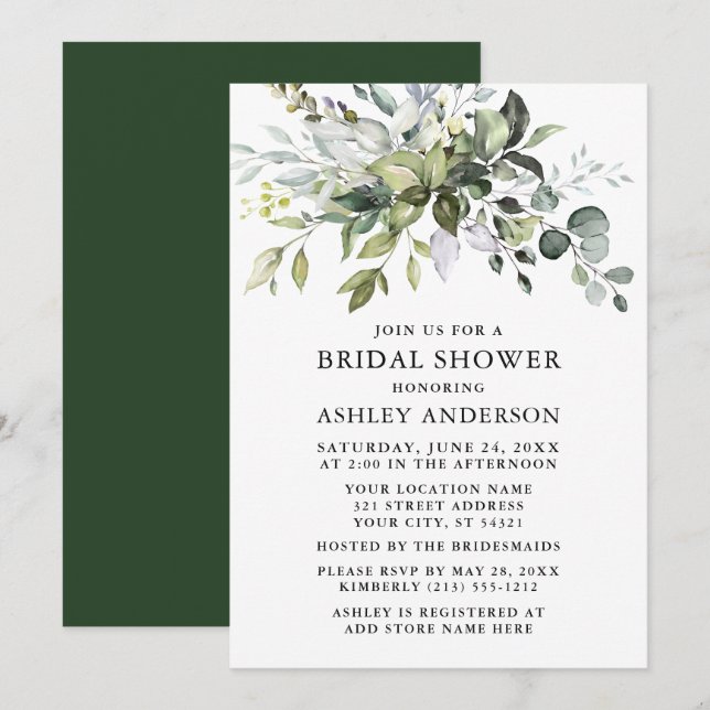 Watercolor Greenery Modern Elegance Bridal Shower Invitation (Front/Back)