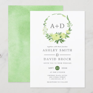Watercolor Greenery Monogram Wreath Wedding Invitation