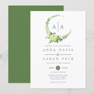 Watercolor Greenery Monogram Wreath Wedding Invitation