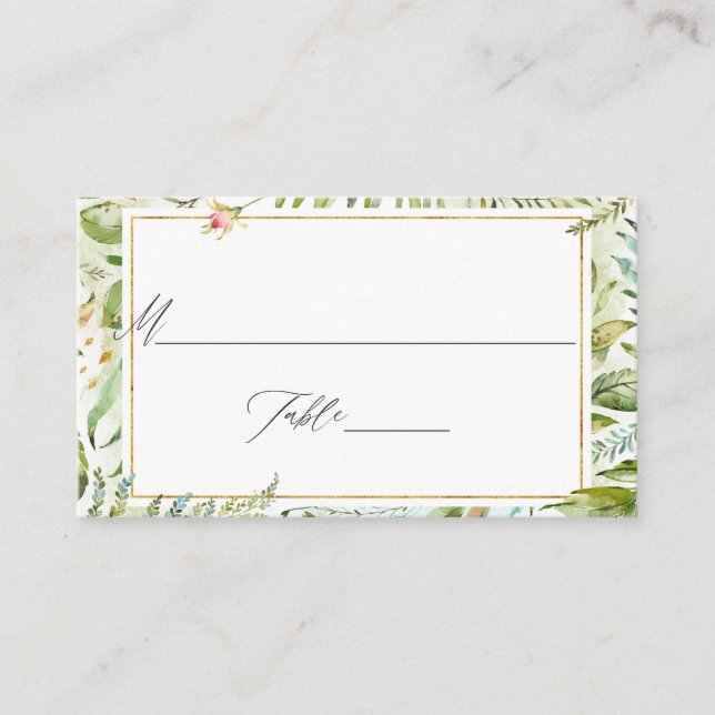 Watercolor Greenery Monogrammed Wedding Place Card (Front)