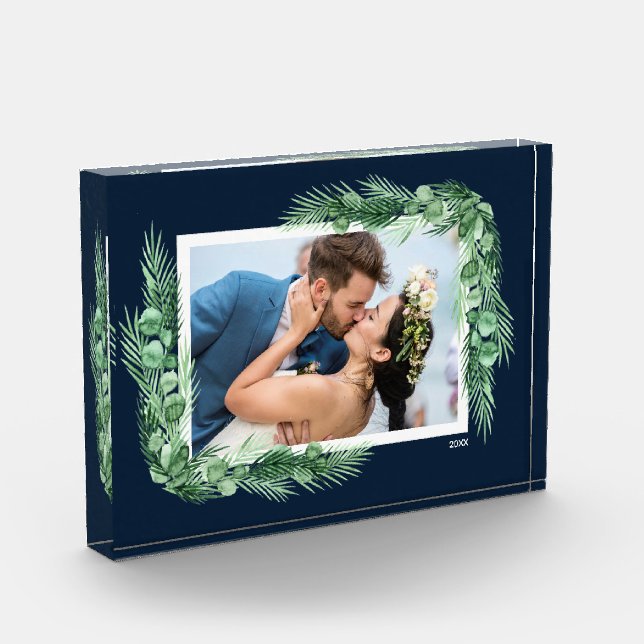 Watercolor Greenery on Navy Blue Photo Block (Left)