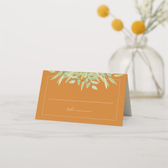 Watercolor Greenery on Ochre Wedding Place Card (Front)