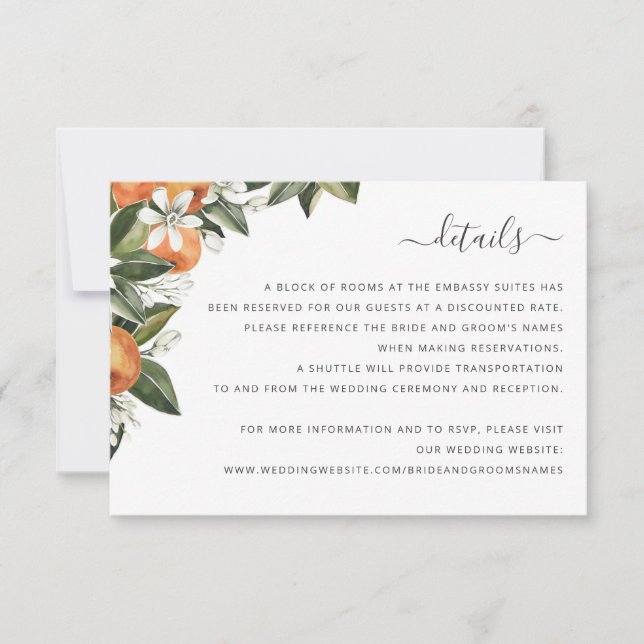 Watercolor Greenery Orange Blossom Leaves Details Invitation (Front)