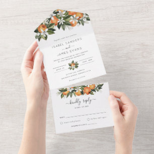 Watercolor Greenery Orange Blossom Modern Wedding All In One Invitation