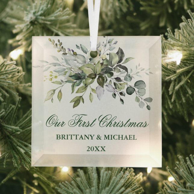 Watercolor Greenery Our First Christmas Glass Ornament (Insitu)