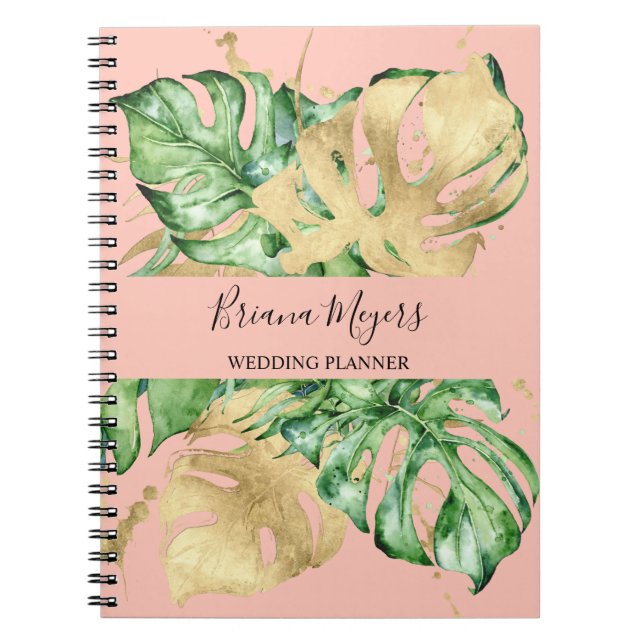 Watercolor Greenery Palm Gold Peach Business Notebook (Front)
